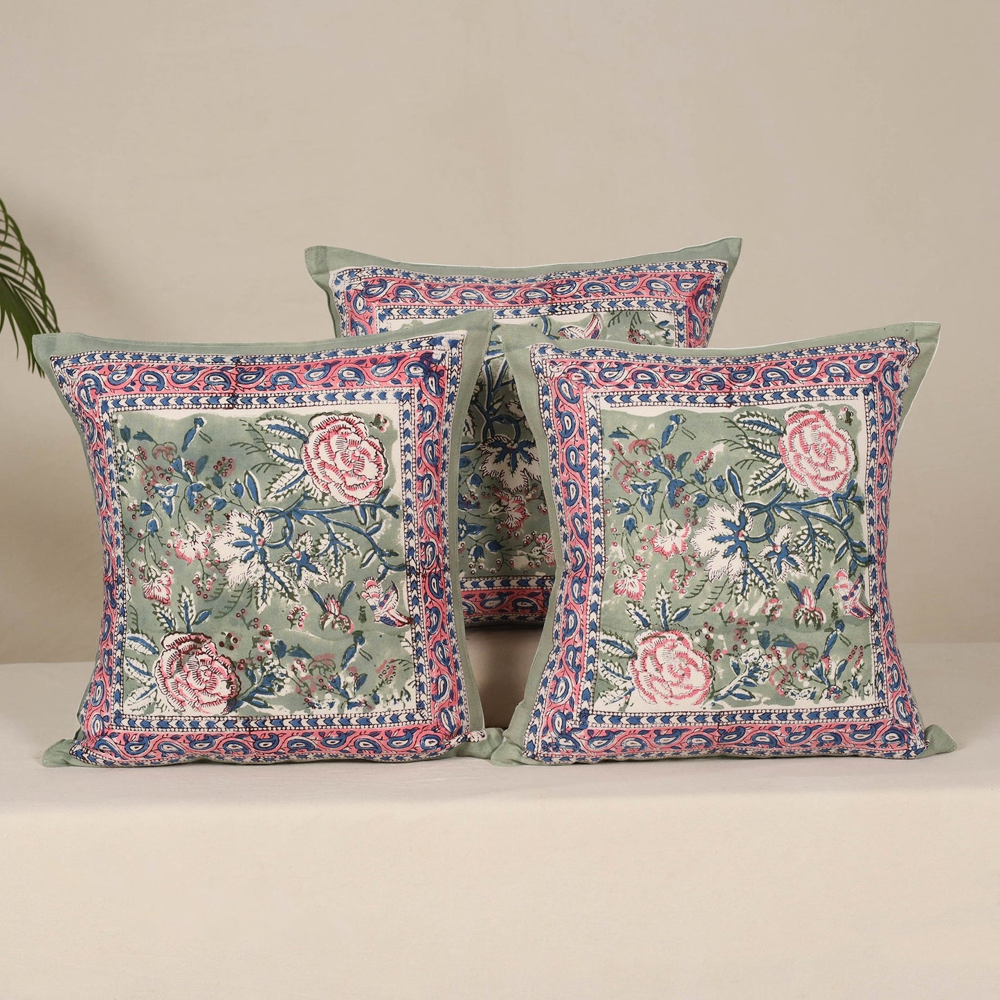Green - cotton sanganeri floral cushion cover (set of 5) 23