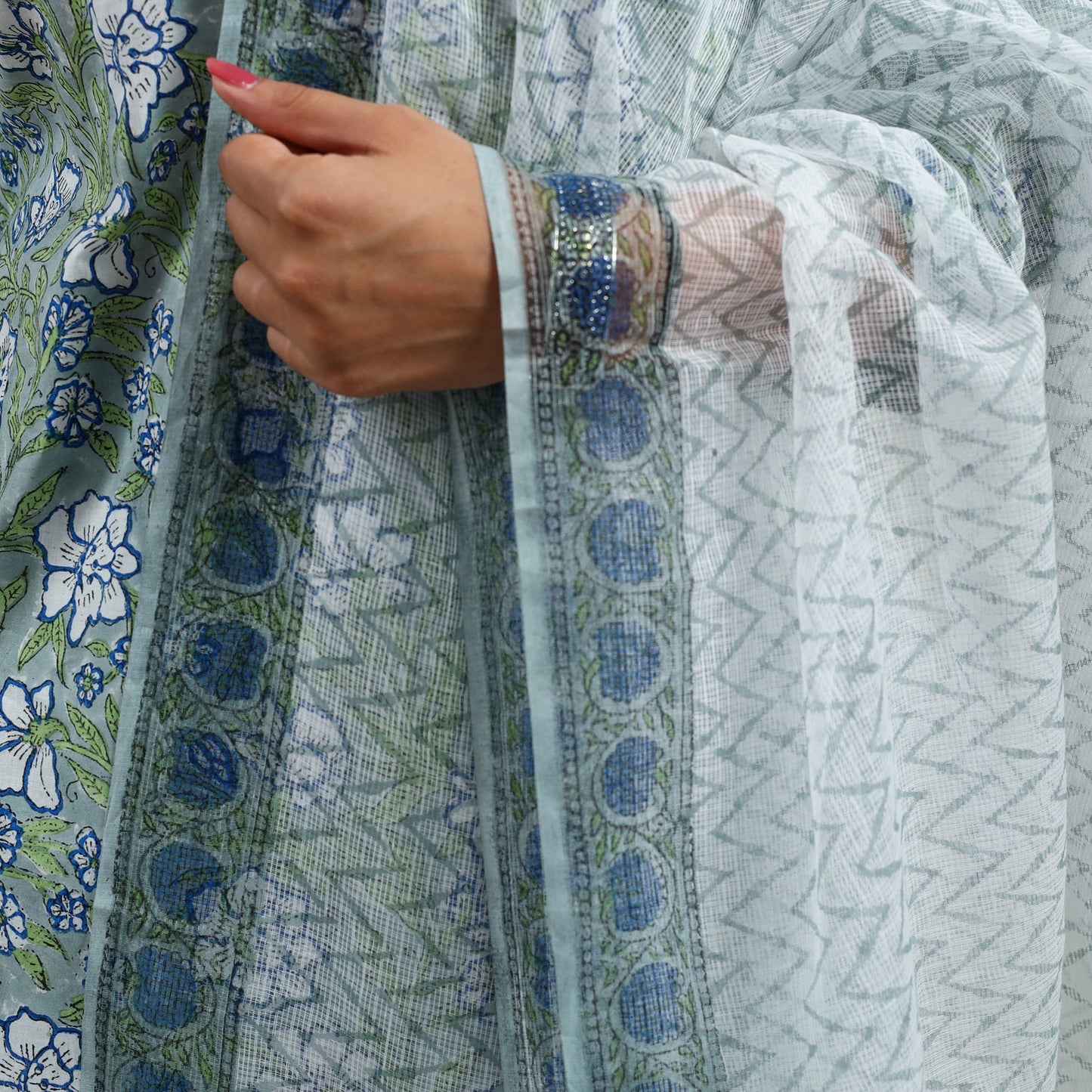 Green Block Print Cotton Sanganeri Kurta Set