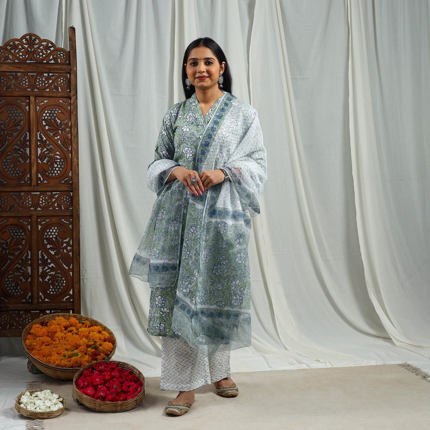 Green Block Print Cotton Sanganeri Kurta Set