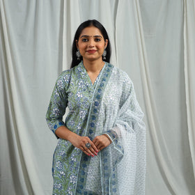 Green Block Print Cotton Sanganeri Kurta Set