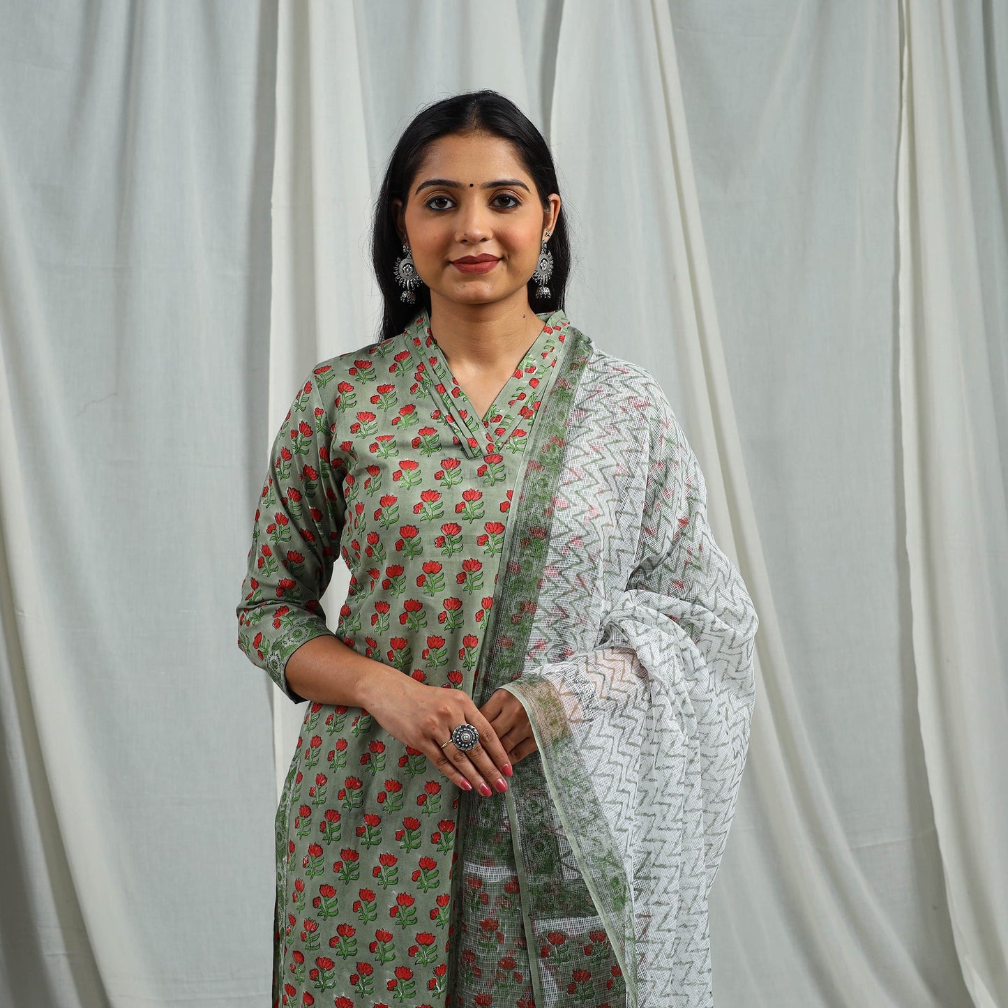 Buy Green Block Print Cotton Sanganeri Kurta Set