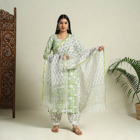  Block Print Cotton Green Sanganeri Kurta Set