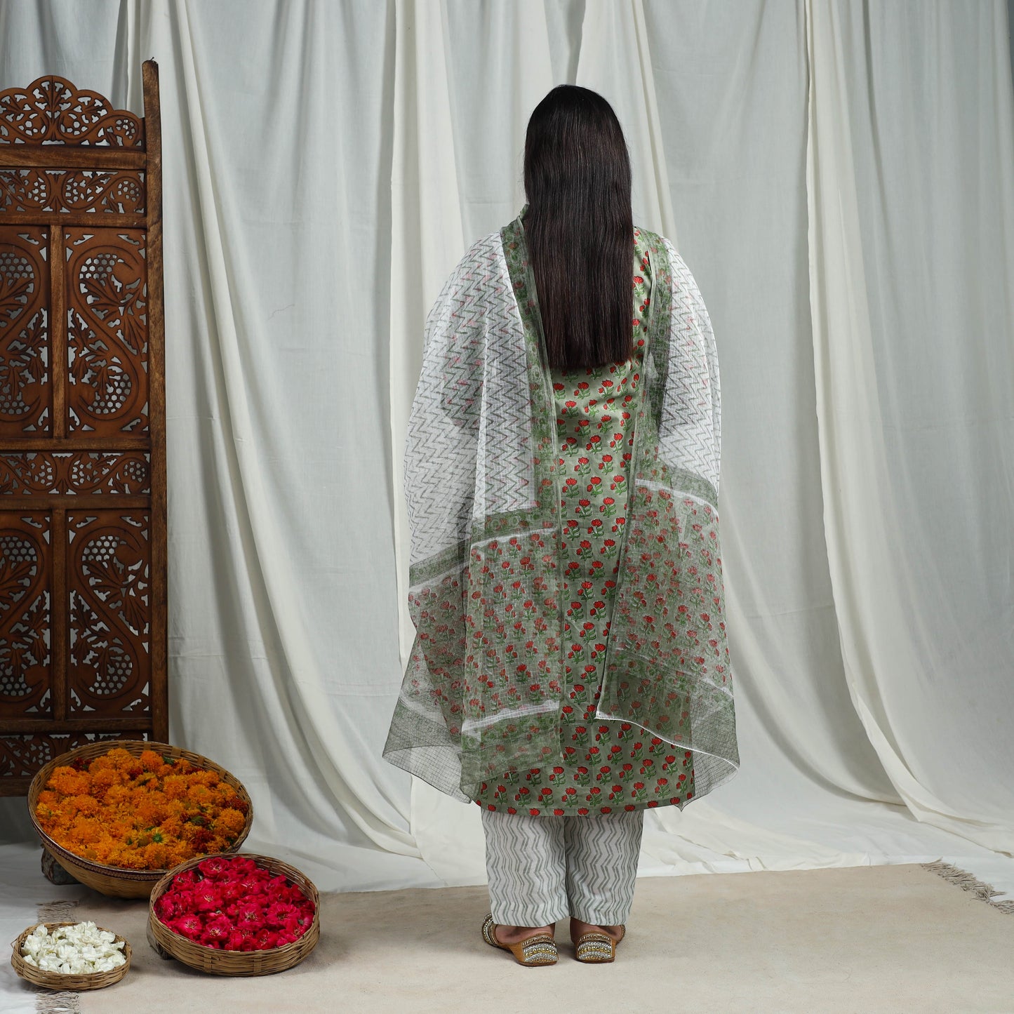 Buy Green Block Print Cotton Sanganeri Kurta Set