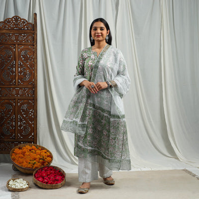 Buy Green Block Print Cotton Sanganeri Kurta Set