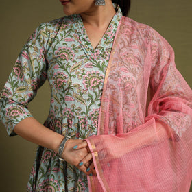  Green Block Print Cotton Sanganeri Kurta Set (Set of 3)