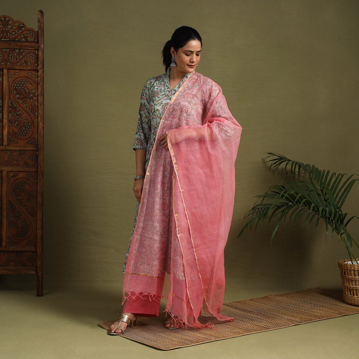  Green Block Print Cotton Sanganeri Kurta Set (Set of 3)