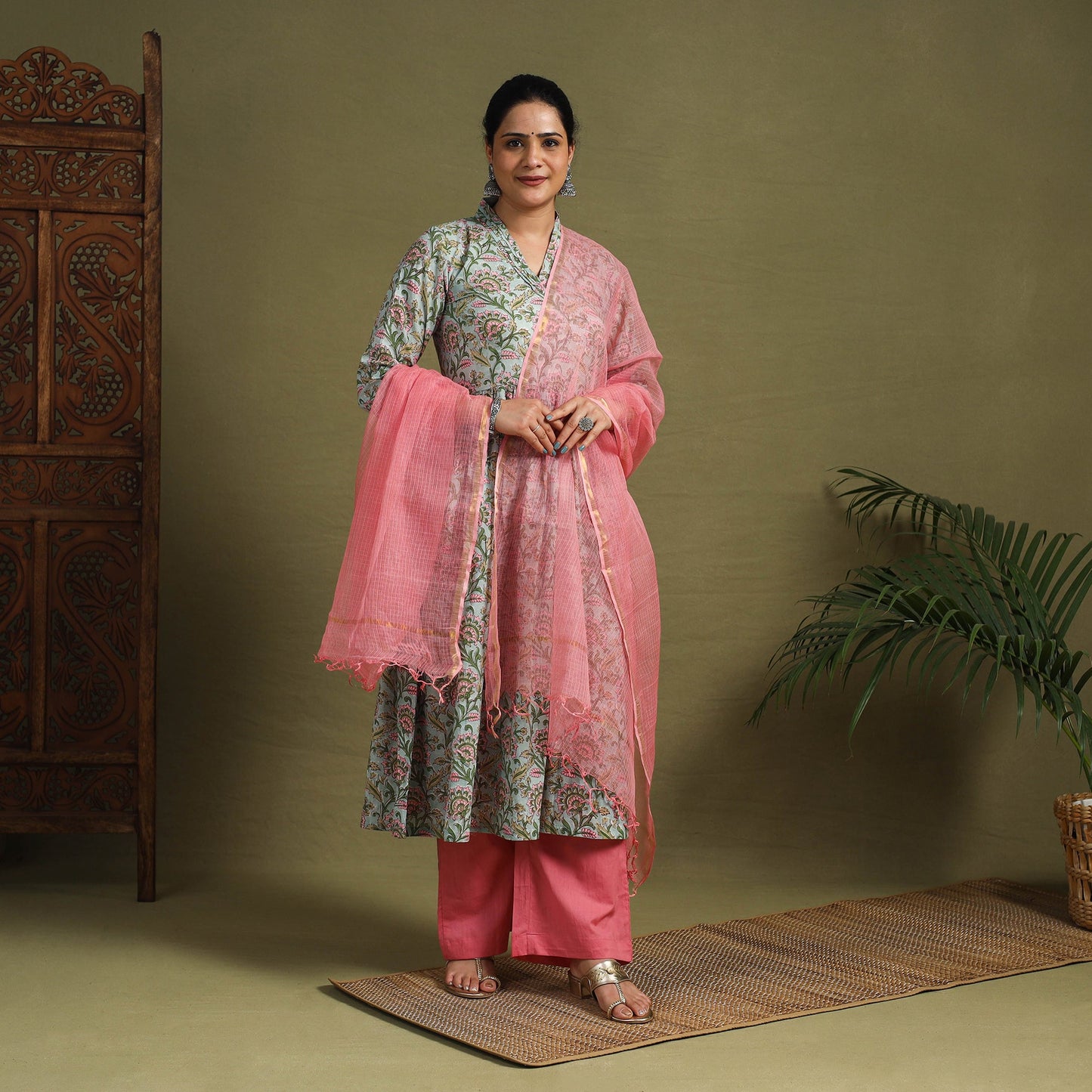  Green Block Print Cotton Sanganeri Kurta Set (Set of 3)