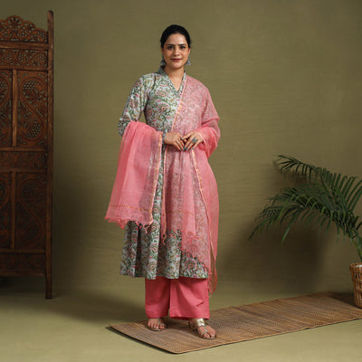  Green Block Print Cotton Sanganeri Kurta Set (Set of 3)