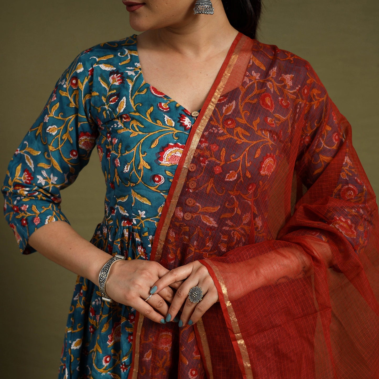 Green - cotton sanganeri kurta set (set of 3) 07