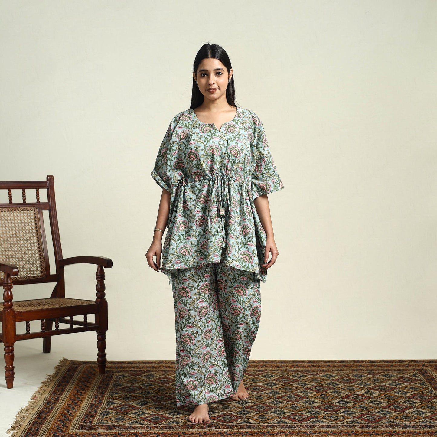  Cotton Green Sanganeri Block Print Night Suit Set 
