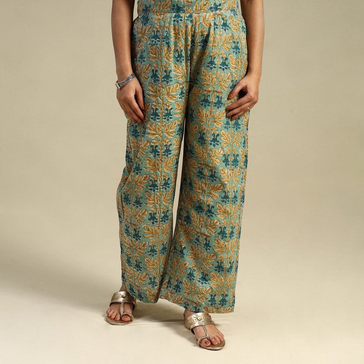 Green Block Print Cotton Sanganeri Palazzo 