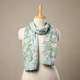  Block Print Cotton Green Sanganeri Stole with Beadwork