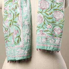 Block Print Cotton Green Sanganeri Stole with Beadwork