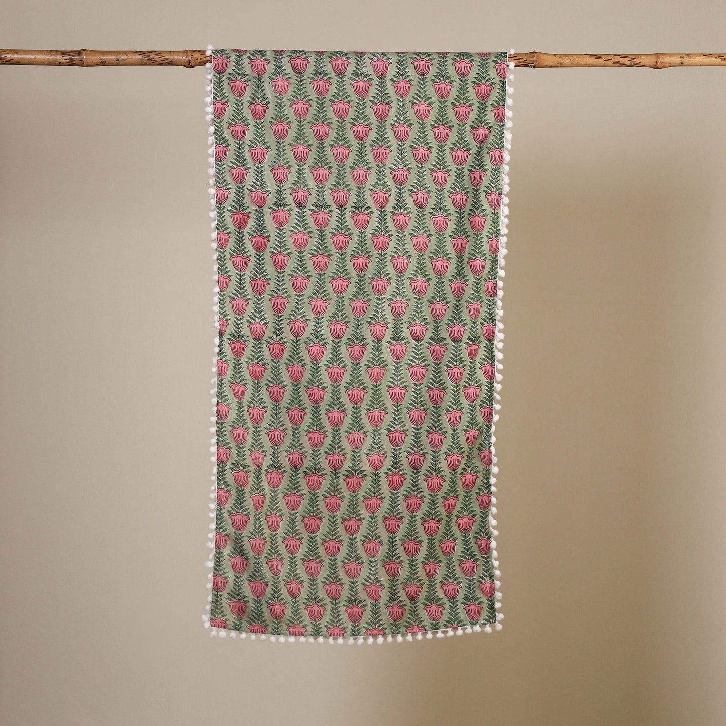 Green Block Print Cotton Sanganeri Stole with Pom Pom