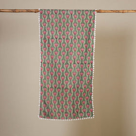 Green Block Print Cotton Sanganeri Stole with Pom Pom