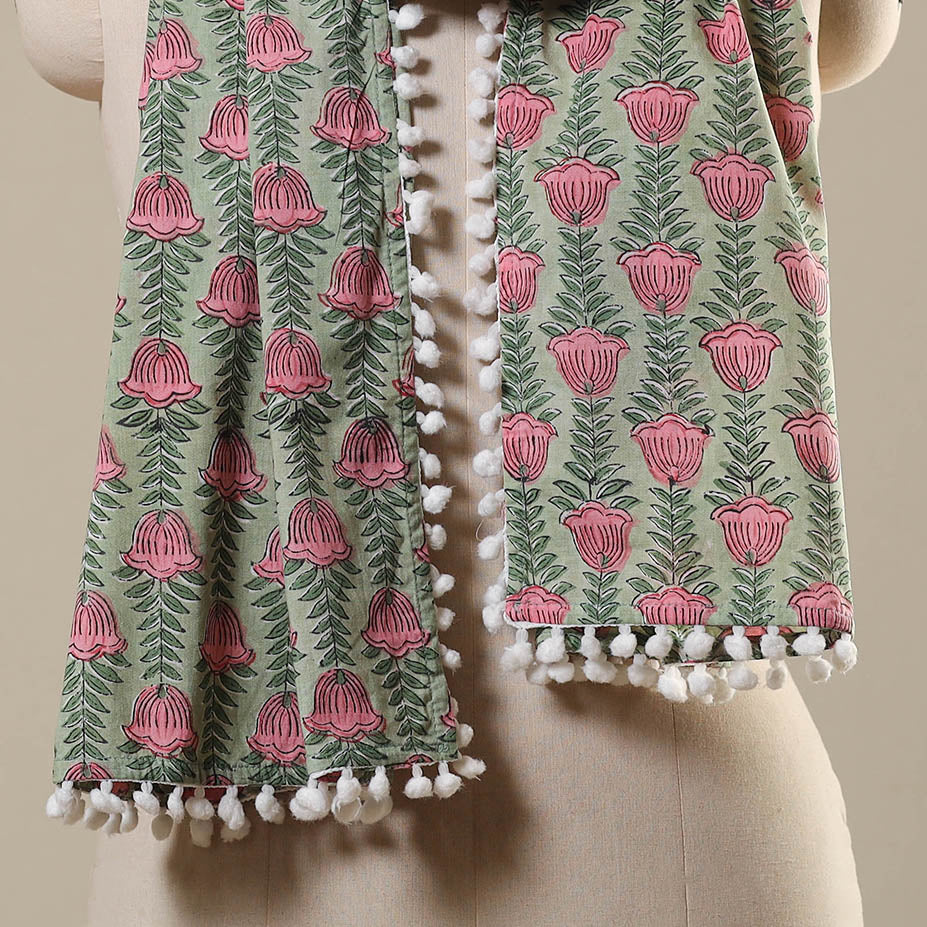 Green Block Print Cotton Sanganeri Stole with Pom Pom