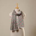 Green Block Print Cotton Sanganeri Stole with Pom Pom
