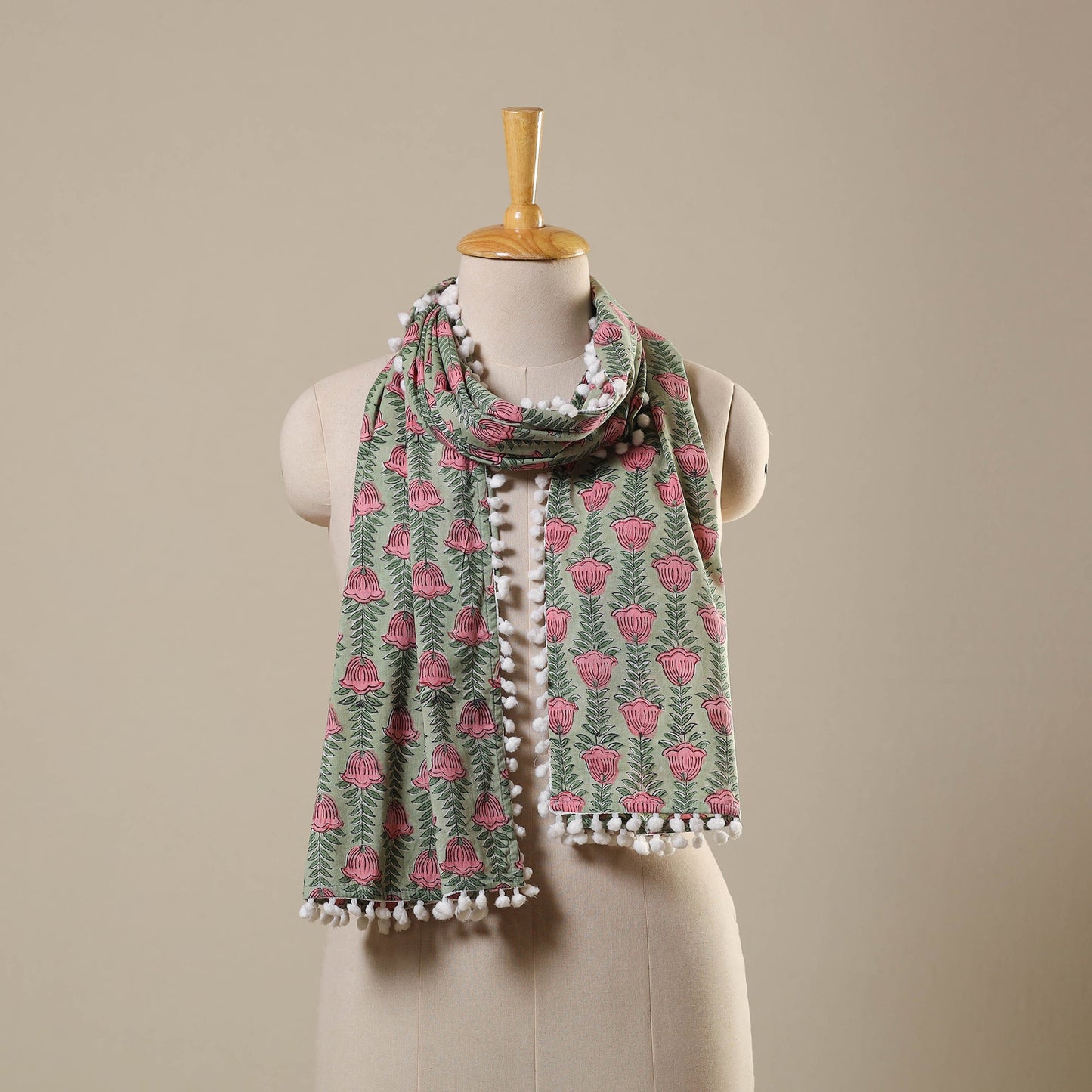 Green Block Print Cotton Sanganeri Stole with Pom Pom