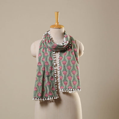 Green Block Print Cotton Sanganeri Stole with Pom Pom