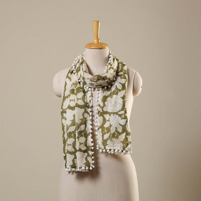 Green Block Print Cotton Sanganeri Stole with Pom Pom