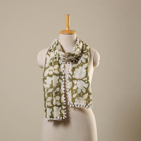Green Block Print Cotton Sanganeri Stole with Pom Pom