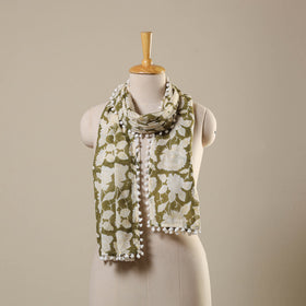 Green Block Print Cotton Sanganeri Stole with Pom Pom