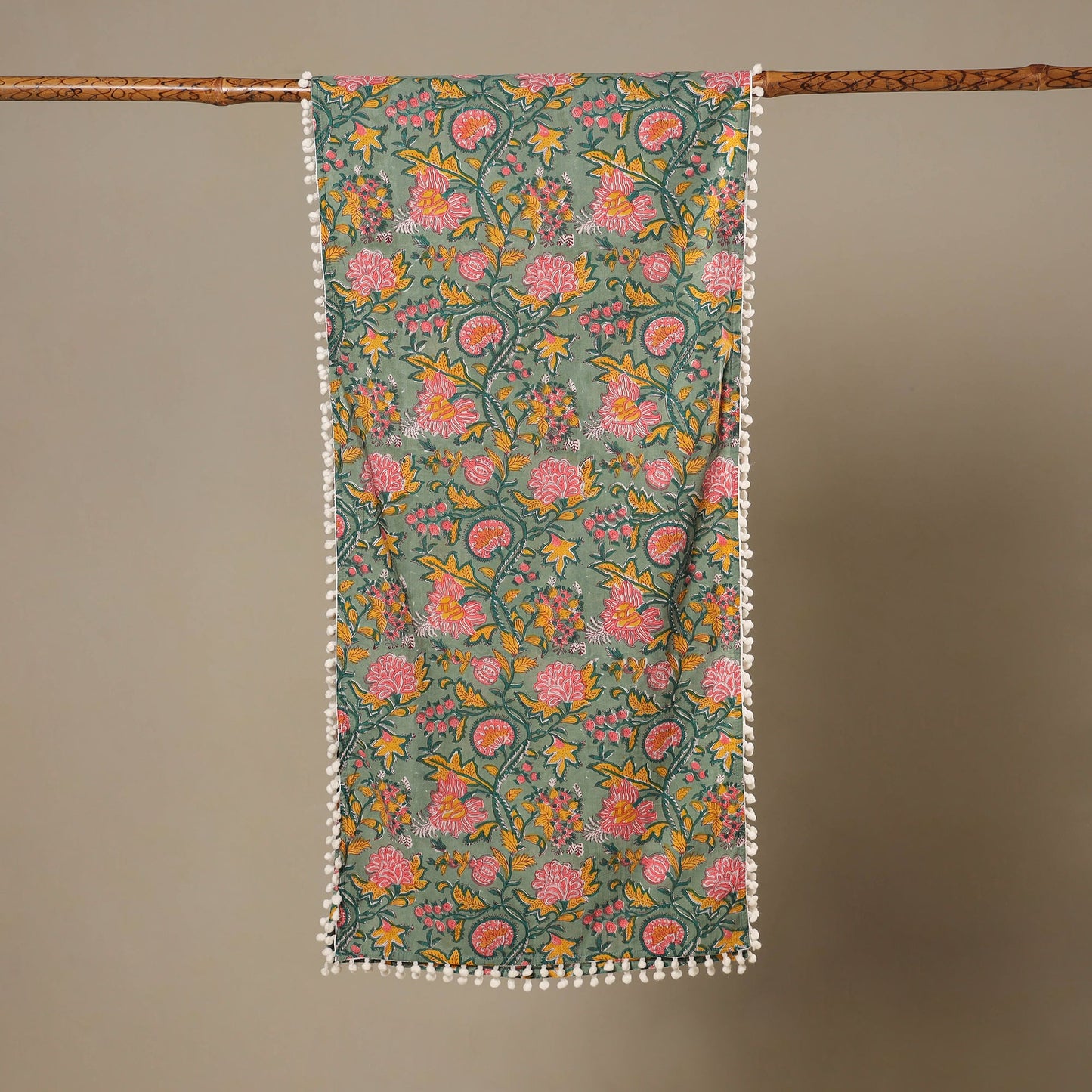 Green - cotton sanganeri stole with pom 03 - handcrafted