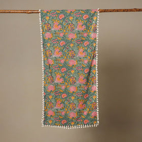 Green - cotton sanganeri stole with pom 03 - handcrafted