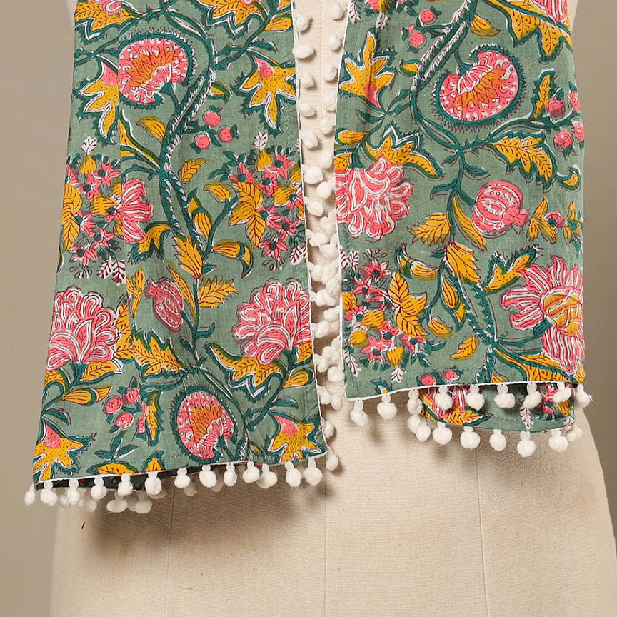 Green - cotton sanganeri stole with pom 03 - handcrafted