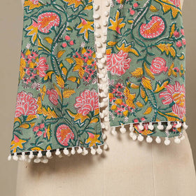 Green - cotton sanganeri stole with pom 03 - handcrafted