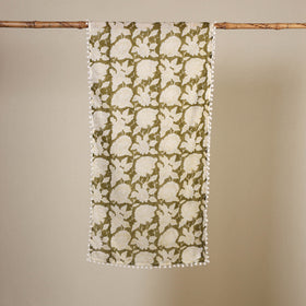 Green Block Print Cotton Sanganeri Stole with Pom Pom