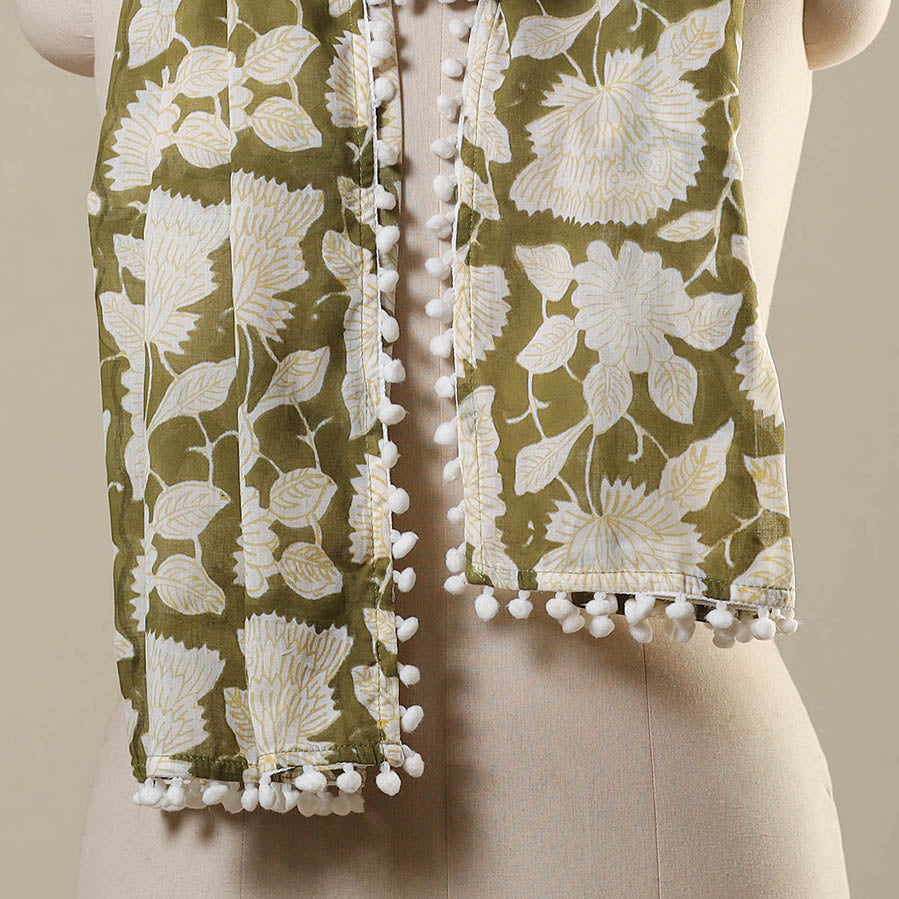 Green Block Print Cotton Sanganeri Stole with Pom Pom