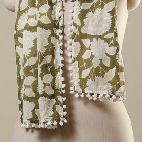 Green Block Print Cotton Sanganeri Stole with Pom Pom