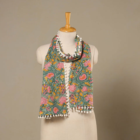 Green - cotton sanganeri stole with pom 03 - handcrafted