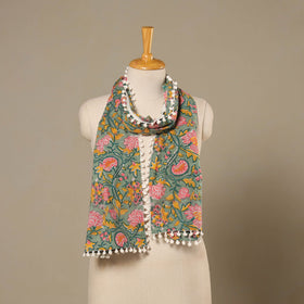 Green - cotton sanganeri stole with pom 03 - handcrafted