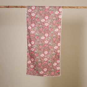 Green Block Print Cotton Sanganeri Stole with Pom Pom