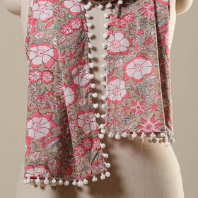 Green Block Print Cotton Sanganeri Stole with Pom Pom