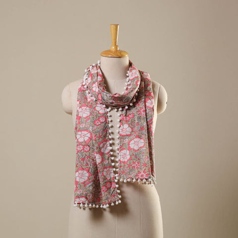 Green Block Print Cotton Sanganeri Stole with Pom Pom