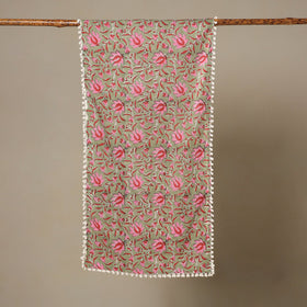 Green Block Print Cotton Sanganeri Stole with Pom Pom