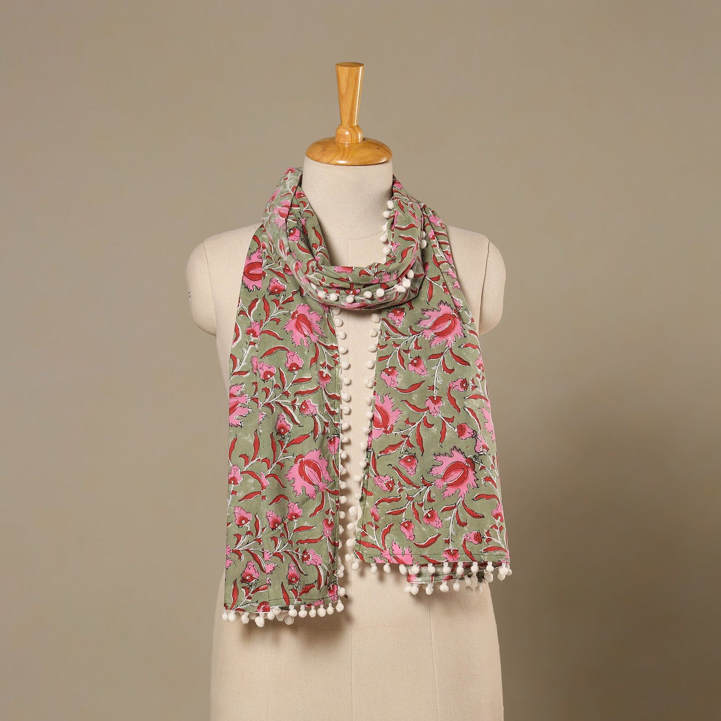 Green Block Print Cotton Sanganeri Stole with Pom Pom