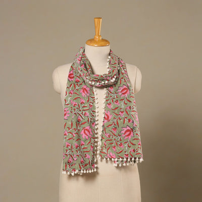 Green Block Print Cotton Sanganeri Stole with Pom Pom