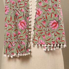 Green Block Print Cotton Sanganeri Stole with Pom Pom