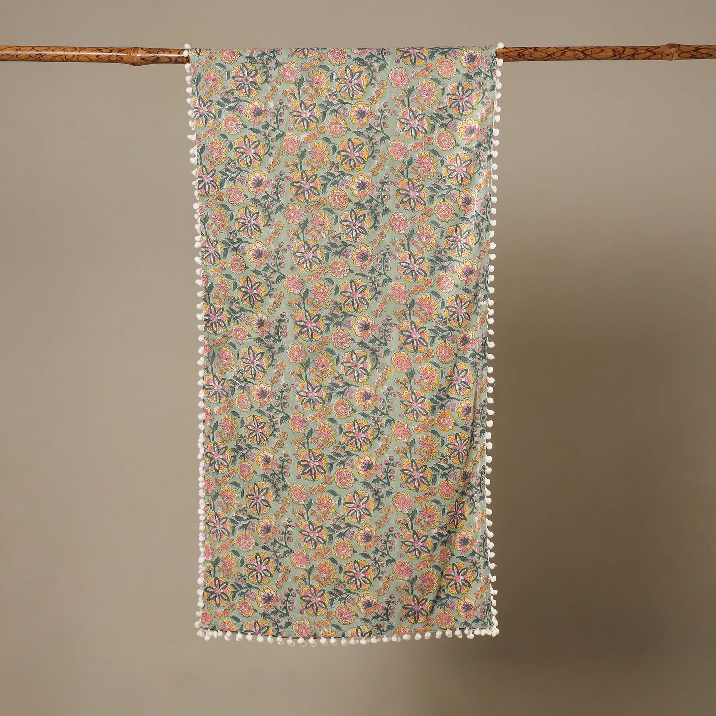 Green Block Print Cotton Sanganeri Stole with Pom Pom