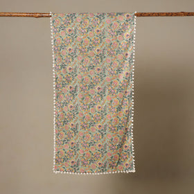 Green Block Print Cotton Sanganeri Stole with Pom Pom