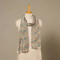 Green Block Print Cotton Sanganeri Stole with Pom Pom