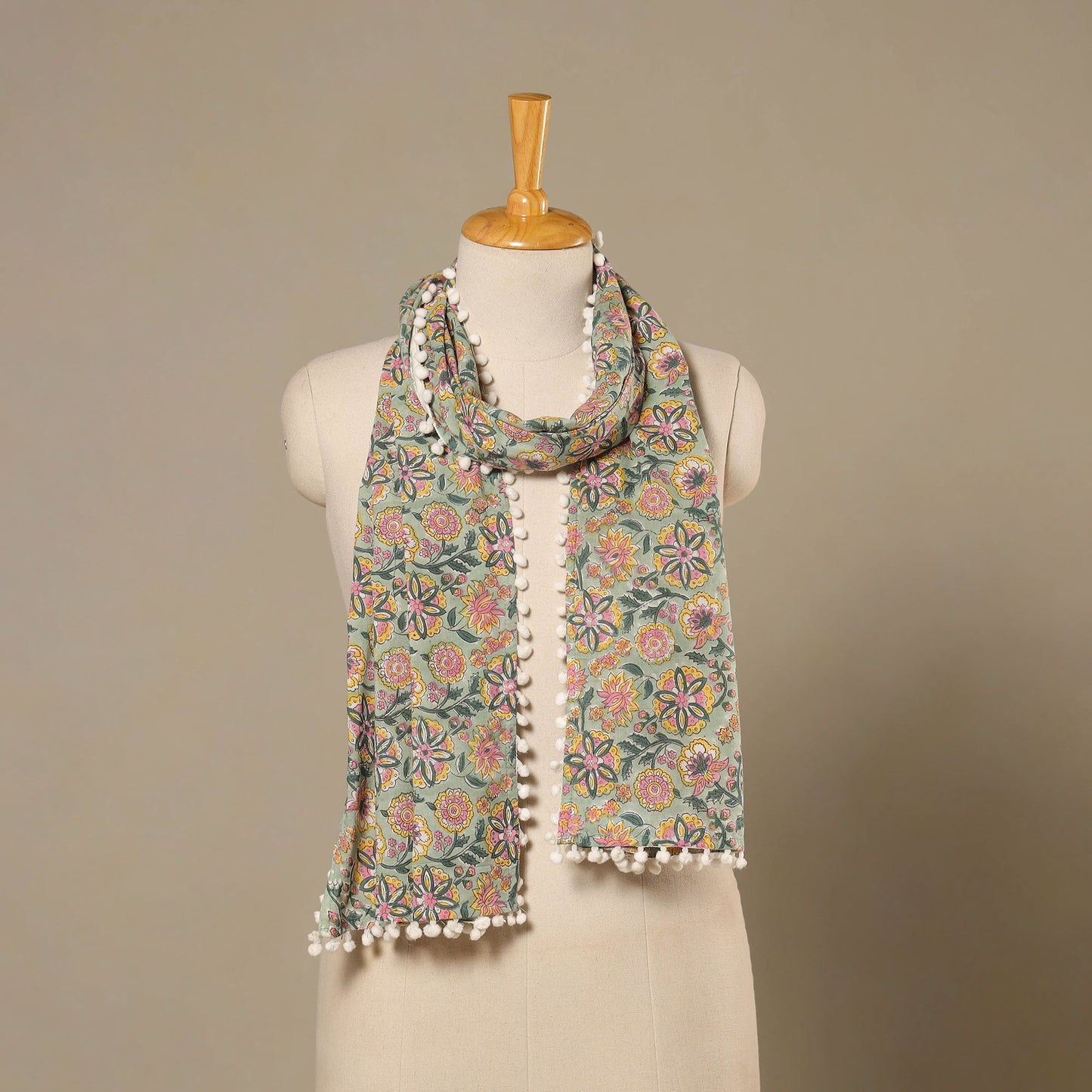 Green Block Print Cotton Sanganeri Stole with Pom Pom