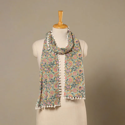Green Block Print Cotton Sanganeri Stole with Pom Pom