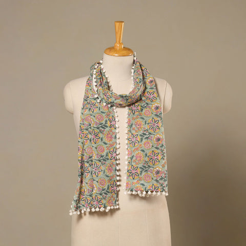 Green Block Print Cotton Sanganeri Stole with Pom Pom