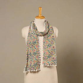 Green Block Print Cotton Sanganeri Stole with Pom Pom