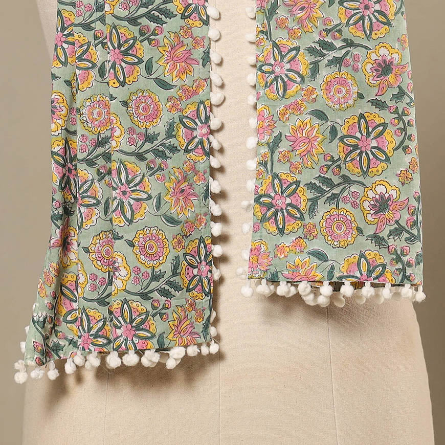 Green Block Print Cotton Sanganeri Stole with Pom Pom